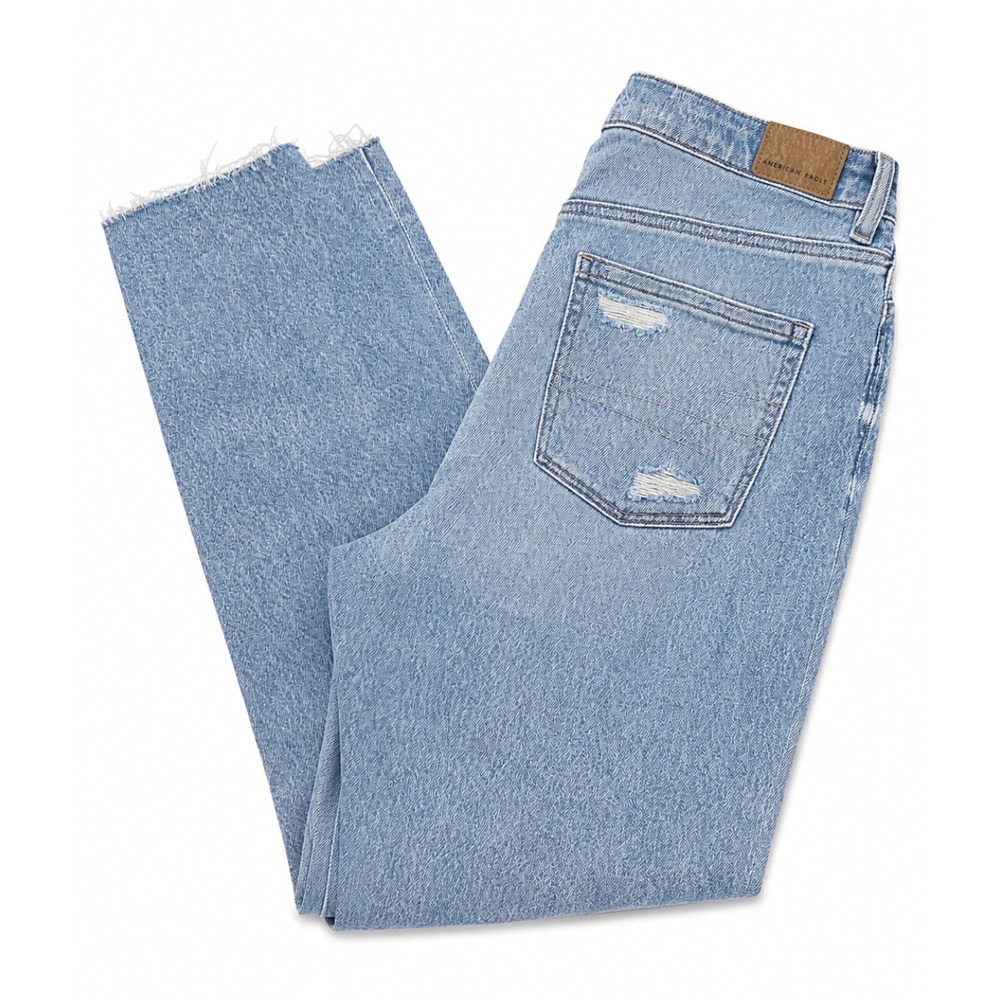 American Eagle Stretch Mom Jeans Womens 10 Long Distressed Raw Hem Light Wash - Picture 1 of 5